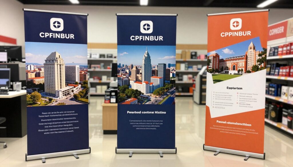 Diferentes tipos de pendones: roller, araña y colgantes para impresión