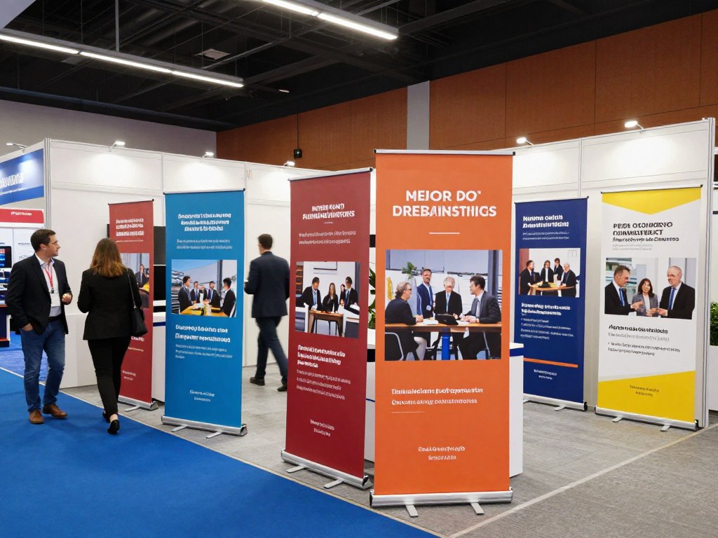 Pendones publicitarios instalados en eventos comerciales mostrando beneficios de portabilidad