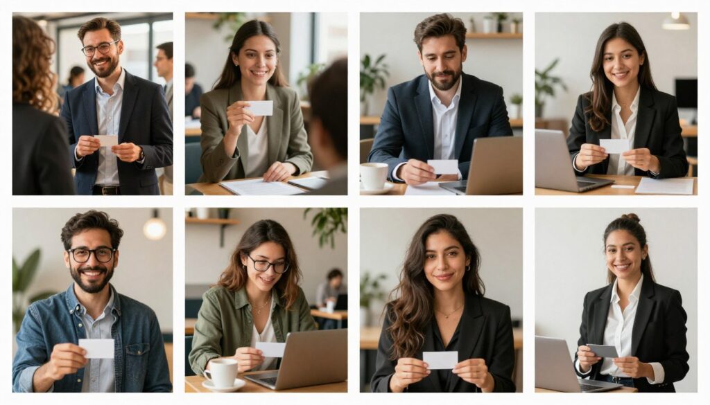 diversos profesionales usando tarjetas de presentación en diferentes contextos